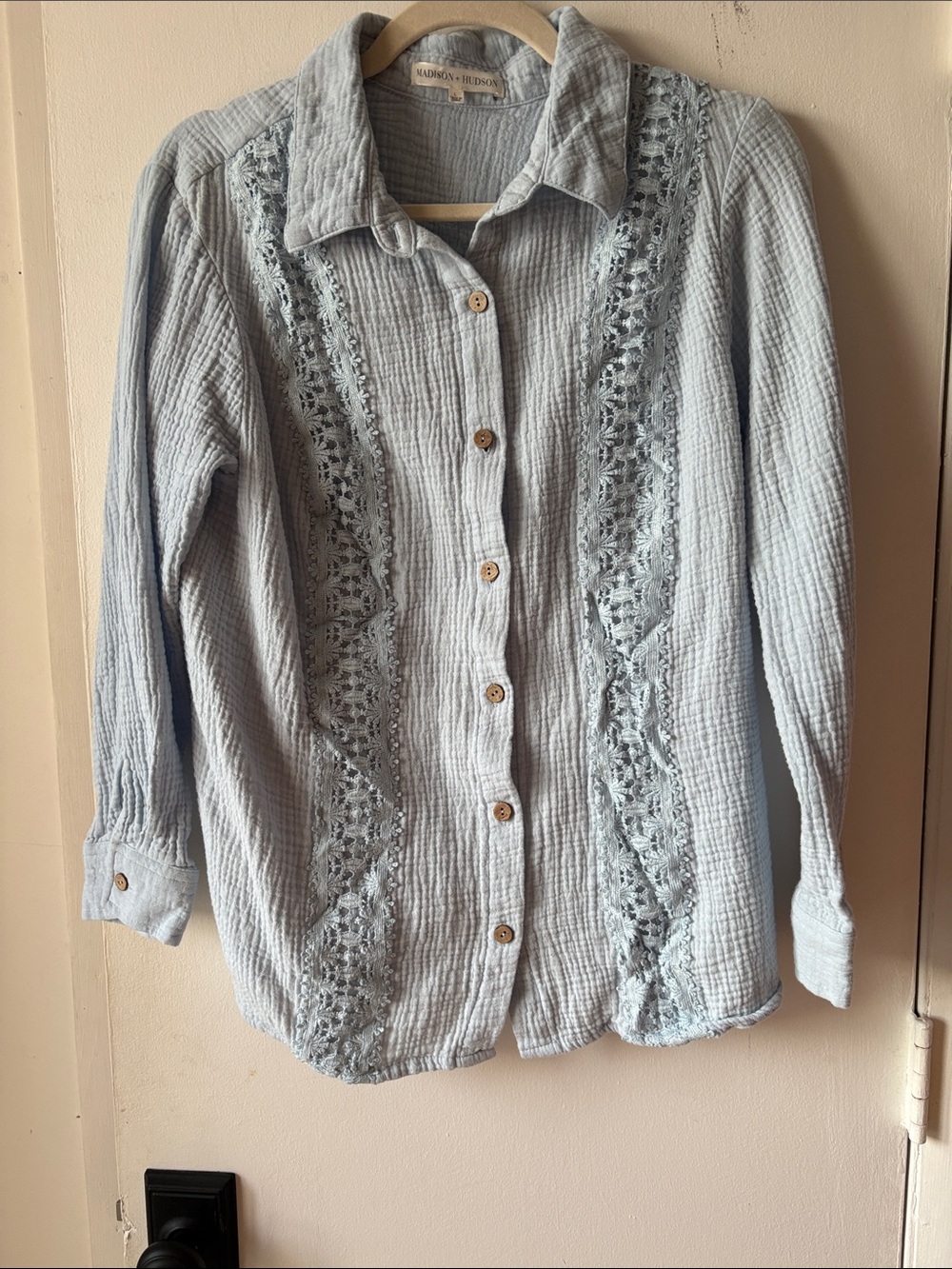 Ladies Light Blue Crochet-Trim Button Down Shirt